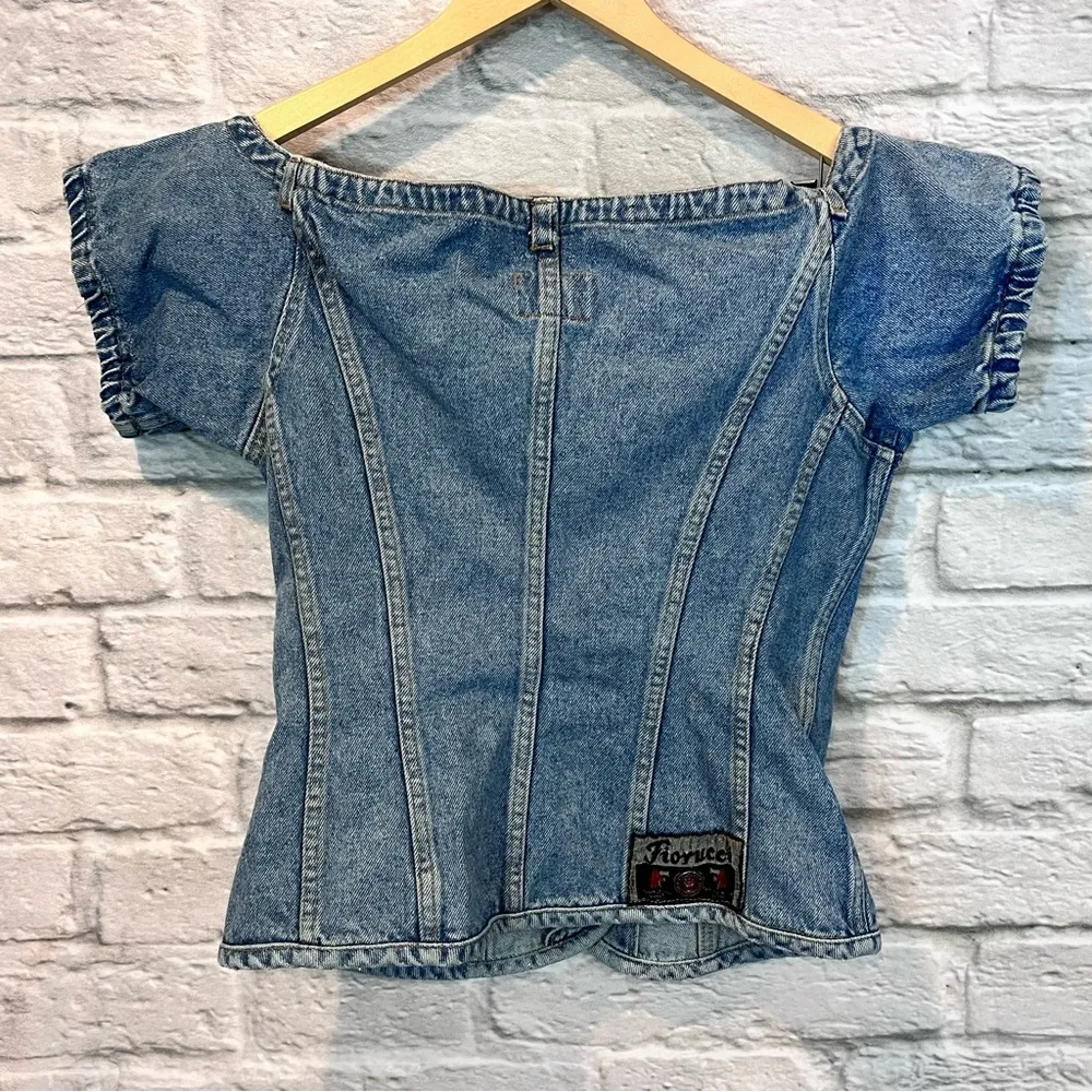 Vintage 90’s Women’s Large Fiorucci Denim Off the Shoulder Fitted Corset Top - Image 2