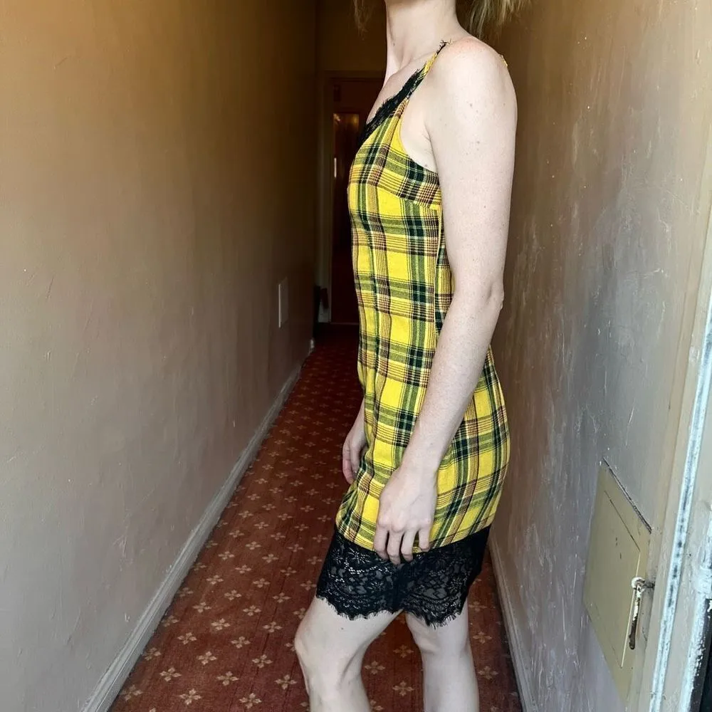 Missguided x Madison Beer Yellow Plaid Lace Trim Bodycon Mini Dress Strappy S 4 - Image 3