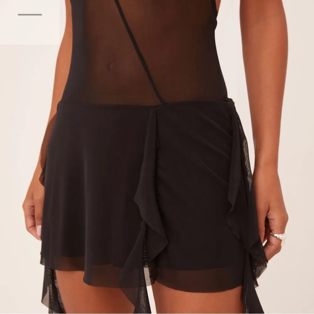 PLUNGE HALTERNECK KEYHOLE DRAPE TIERED MINI DRESS IN BLACK MESH! - Image 4