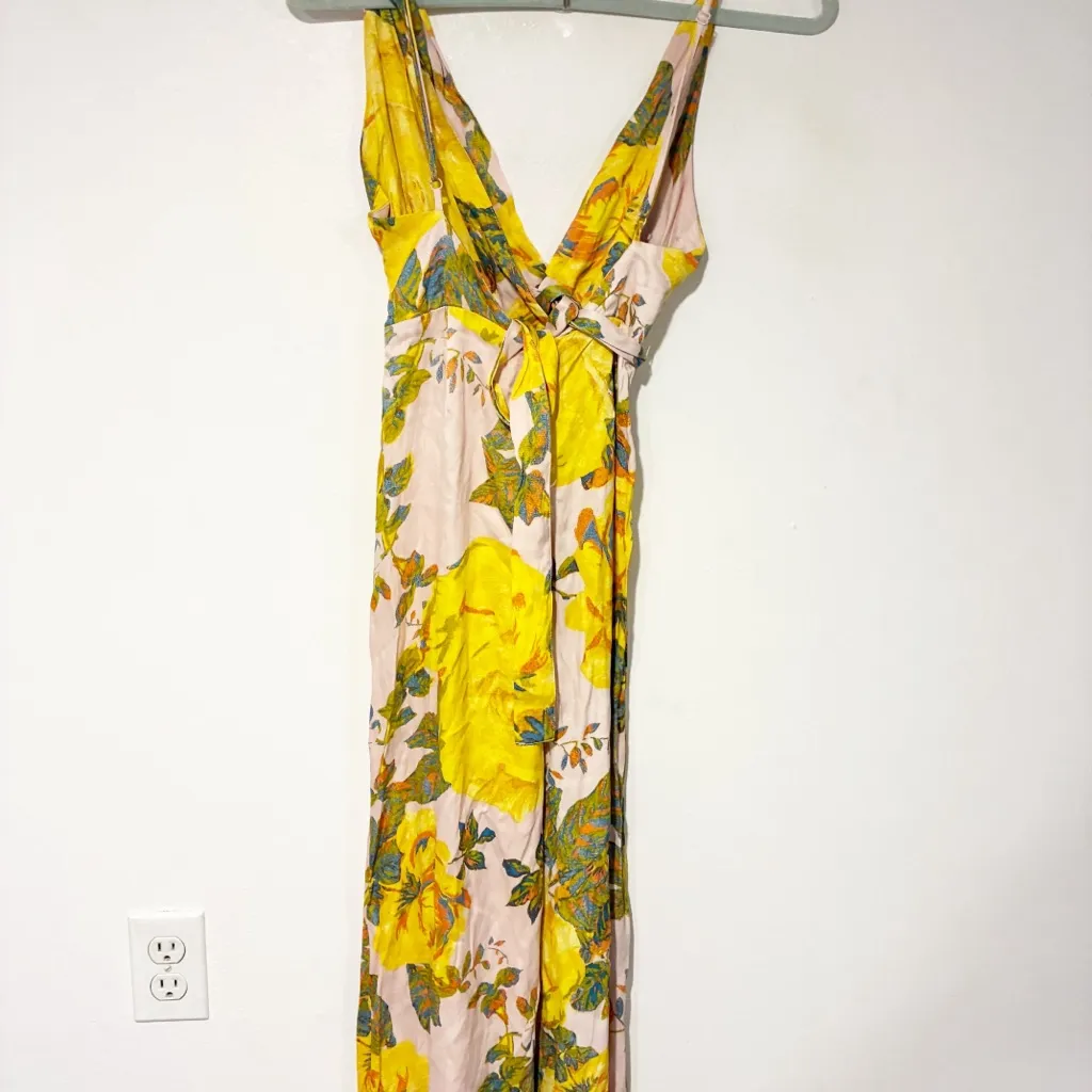Free People Yellow Floral Satin Wide Leg Jumpsuit Deep V Tie Waist Size 2 - Image 6