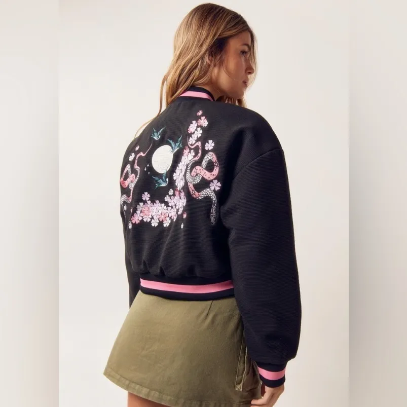 Nasty Gal Cherry Blossom Embroidered Black Bomber Jacket - Image 2