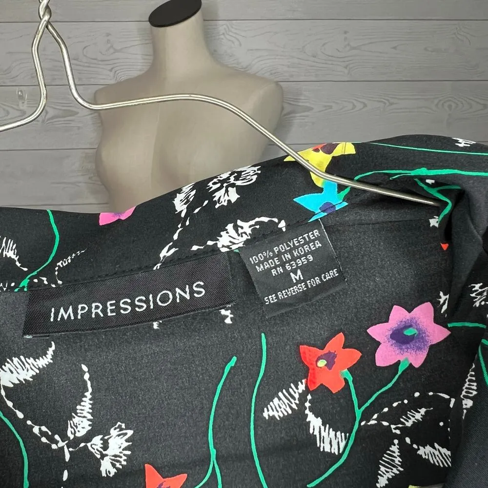80’s vintage Impressions black floral button front blouse Size medium - Image 5