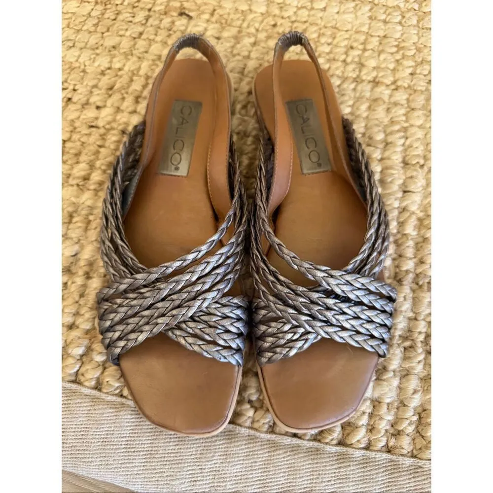 Calico Metallic Woven Leather Slingback Sandals Women’s Size (укажи свой) Square Silver - Image 2