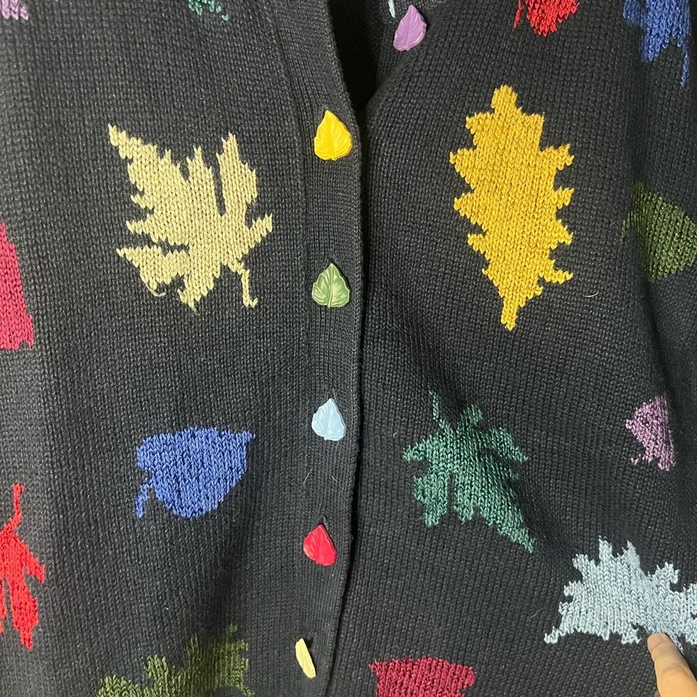 Vtg Hand Embroidered Colorful Fall Leaves Knit Cardigan S - Image 4