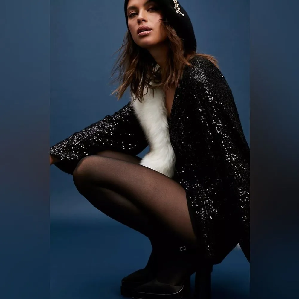 FREE‎ PEOPLE Black Wrap Sequin Romper Mini Dress Long Sleeves Low Cut Small New - Image 4