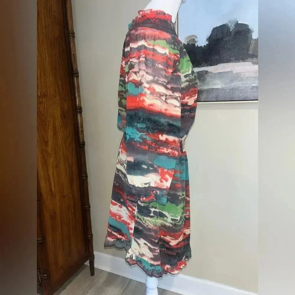 NEW R Cinco Ranch Off Shoulder Abstract Print Elastic Waist Dress S Boho Red - Image 7