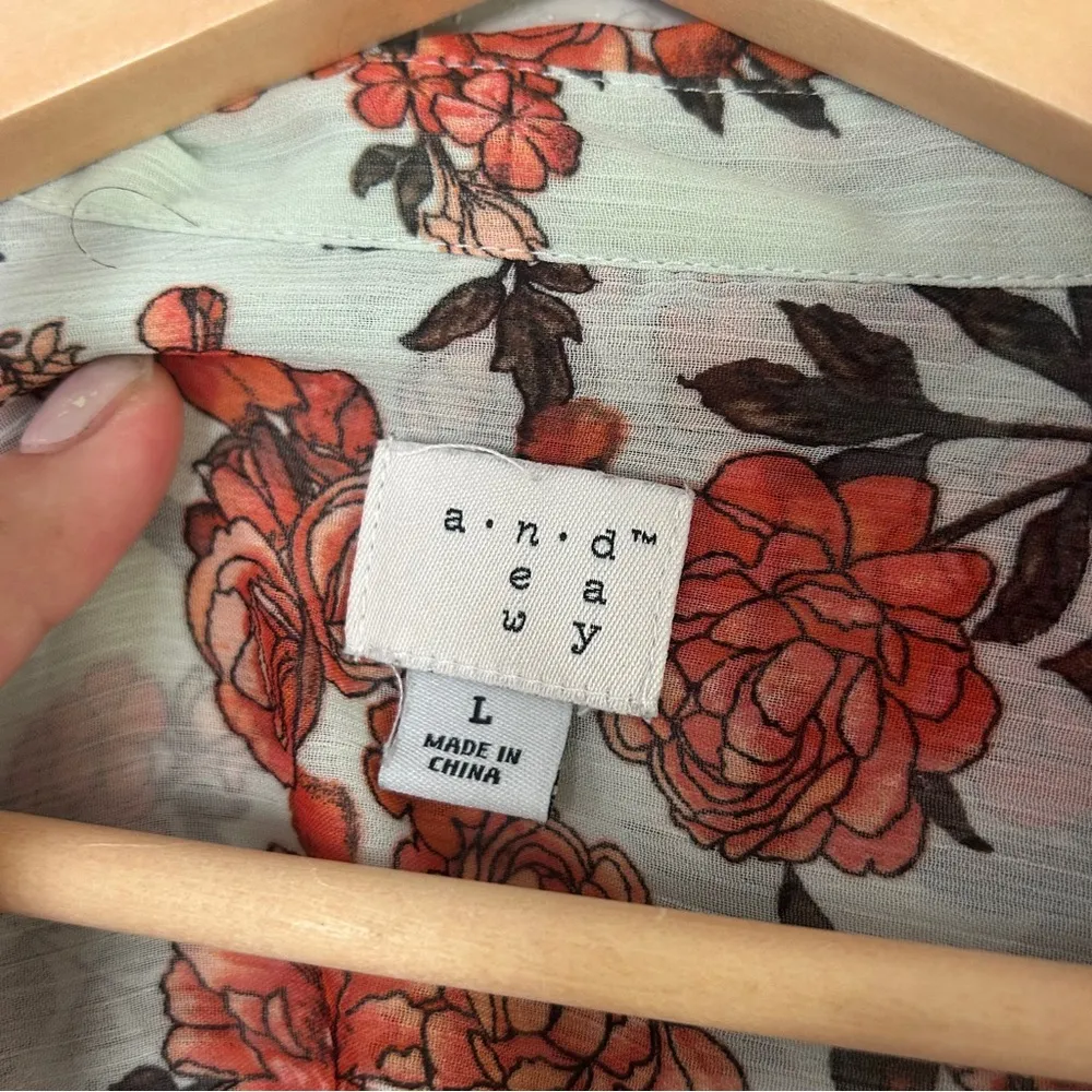 A New Day Mint Orange Long Sleeve Button Down Collar Blouse Floral Semi Sheer - Image 2