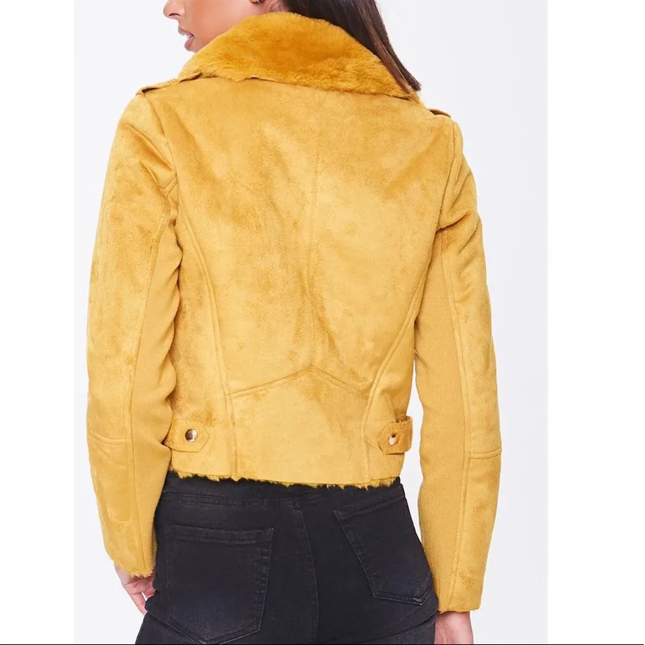NWT Forever 21  Yellow Faux Fur-trim Moto Jacket - Image 5