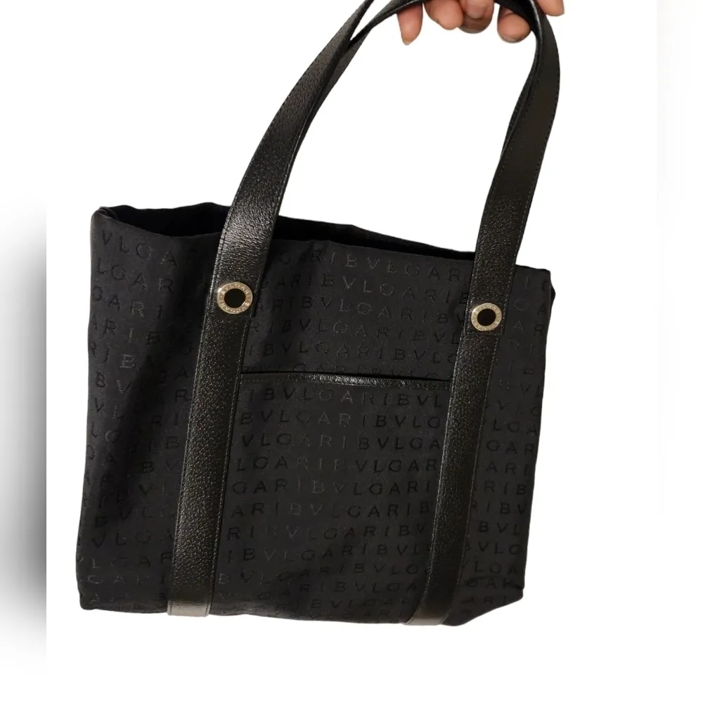 BVLGARI Authentic  Canvas Monogram Tote with Leather Trim Black - Image 14