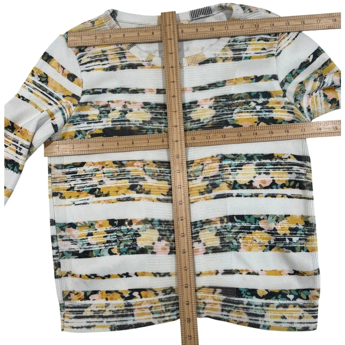 Moth Anthropologie Yellow Floral Striped Sweater Women's Size S/P Front Zip Knit White - Image 8