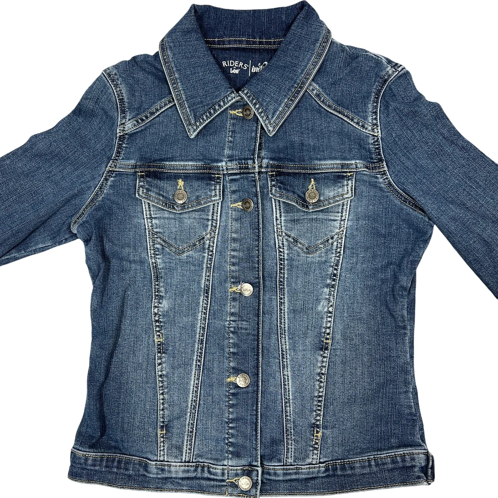 Riders by Lee Trucker Jean Jacket Womens Small Faded Stretch Denim Grunge School - Image 2