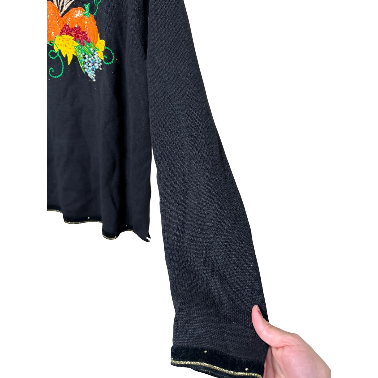 Quacker Factory Black Long Sleeve Sweater Beaded Pumpkin Floral Fall Autumn L - Image 3