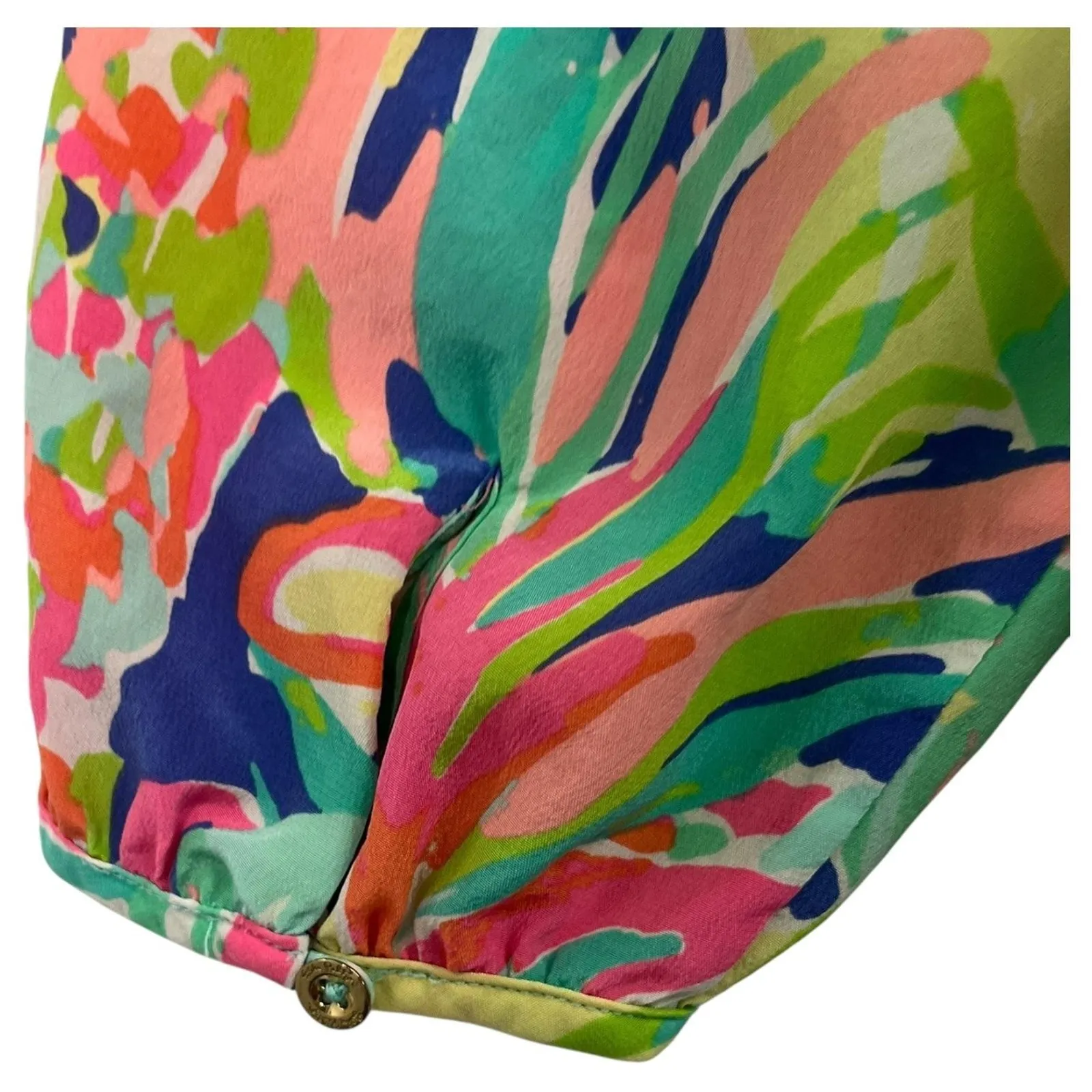 Lilly Pulitzer Top Womens Large Pink Green Silk Floral Tropical Parrot Hawaiian - Image 11