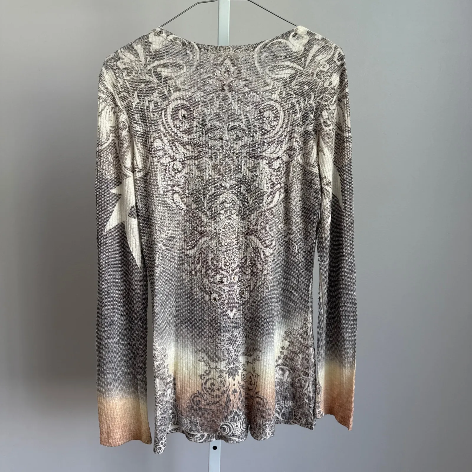 VTG Spiritual‎ Girl Y2K Bling Tunic Top Rhinestone Embellished Long Sleeve sz L Gray Size L - Image 5