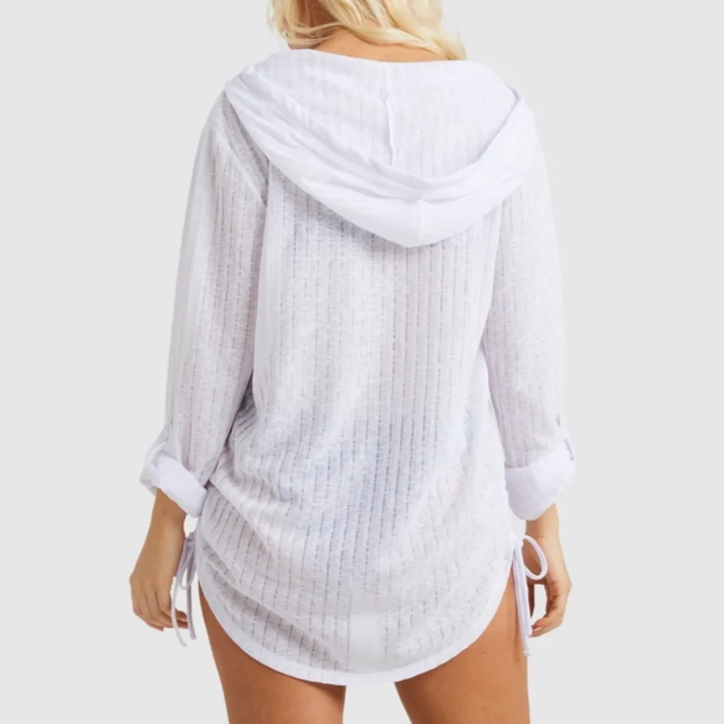 Billabong Sheer White Swim Coverup w/ Hood Size Small Roll Tab Sleeves Ruching - Image 13