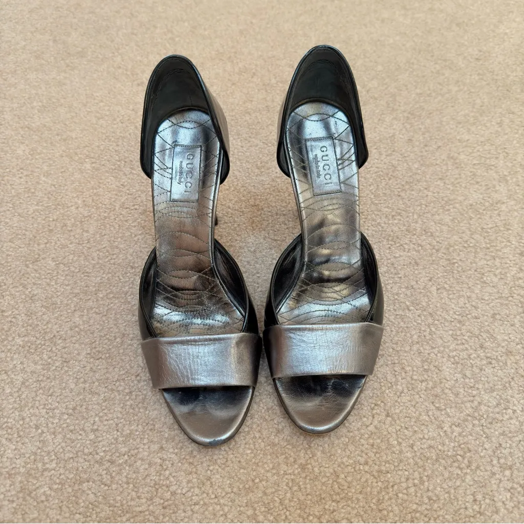 Gucci Gunmetal Silver Gray Leather D'Orsay Peep-toe Heels 8.5 - Image 2
