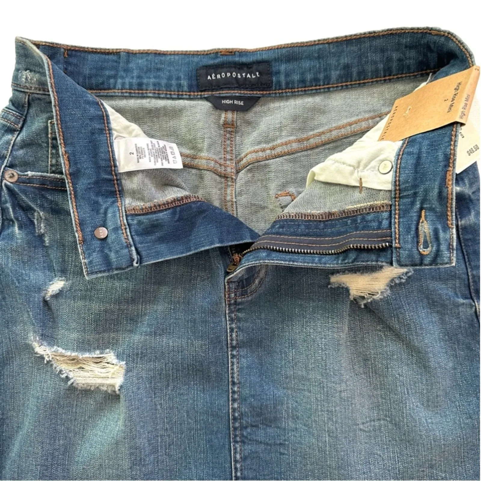 Aeropostale Jean Skirt AERO High Rise Distressed Denim Raw Hem Mini Size 2 NEW - Image 4