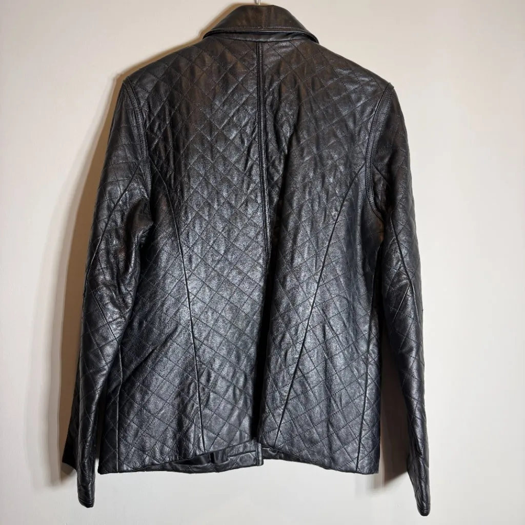 Vintage 100% Leather Quilted Barn Jacket Chore Coat Women's 14 Black Retro Chic - Image 8