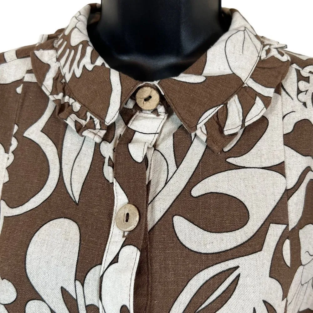 UNCLE FRANK brown & ivory floral ruffled linen blend swing dress - Image 5