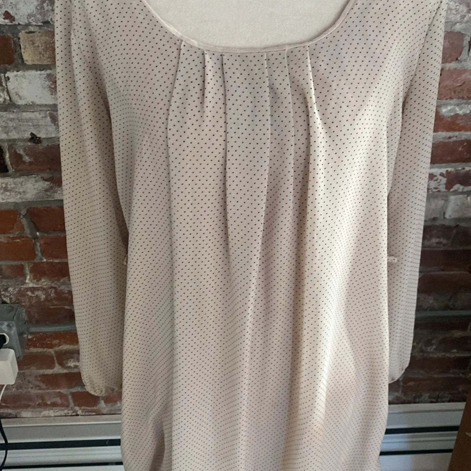 Beige with Black Polka Dots Balloon Hem Long Sleeve Short Dress Size M / 7 Tan - Image 2