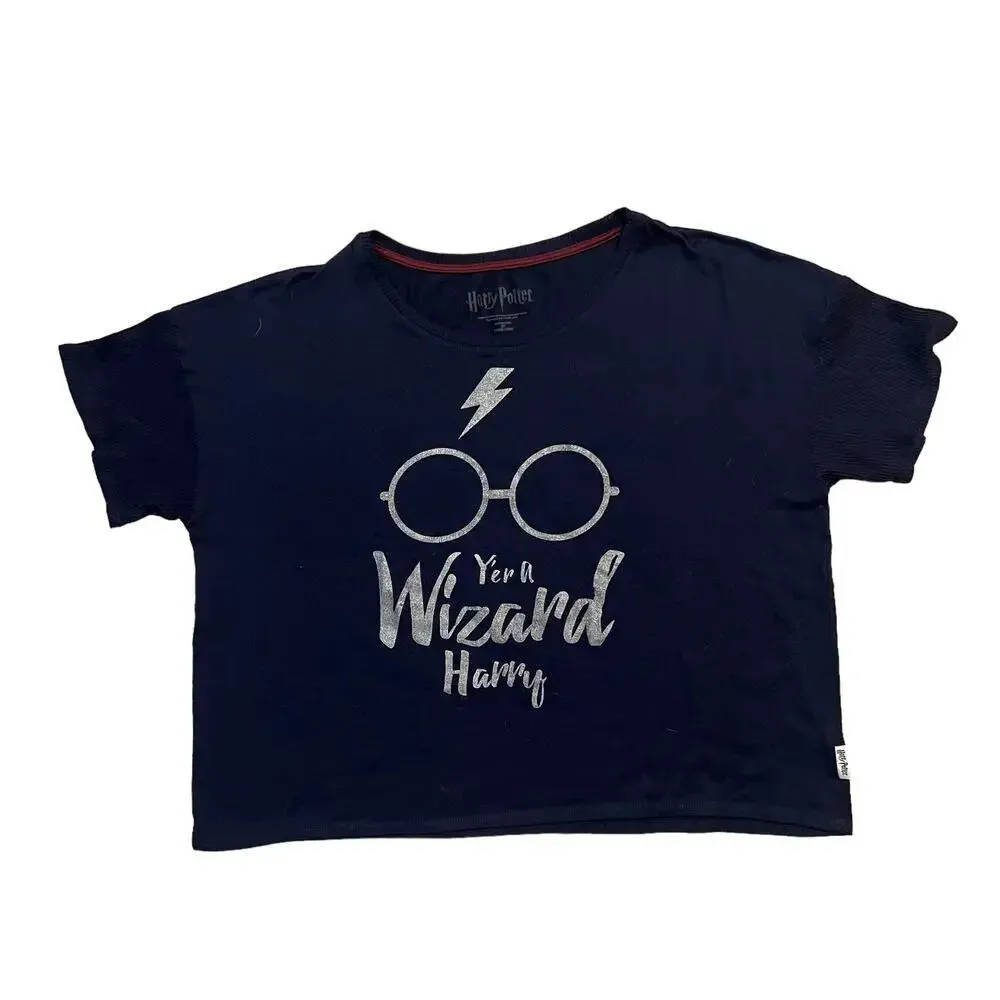 Harry Potter Women's XXL Navy Graphic Print "Yer a Wizard Harry" Cropped T-Shirt - Image 2