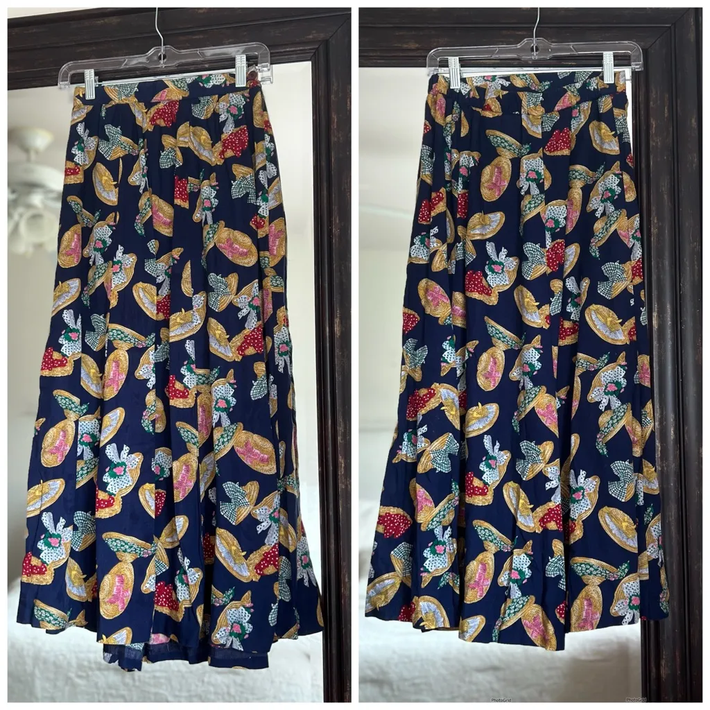 Vintage Susan Bristol Straw Hat Print MIDI Skirt Novelty Fits like XS 0/2 Blue Size undefined - Image 3