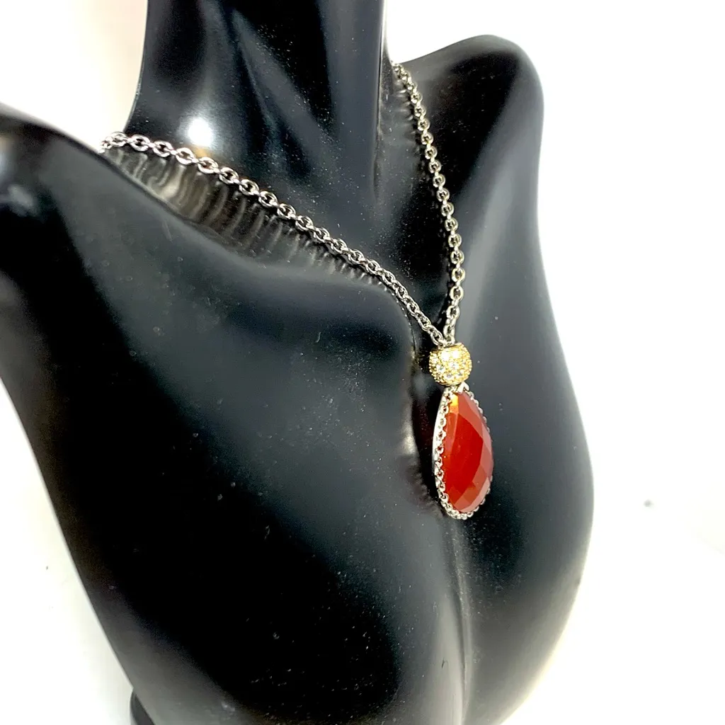 JOSEPH ESPOSITO STERLING SILVER 925 RED CARNELIAN PENDANT NECKLACE W/CZ - Image 4