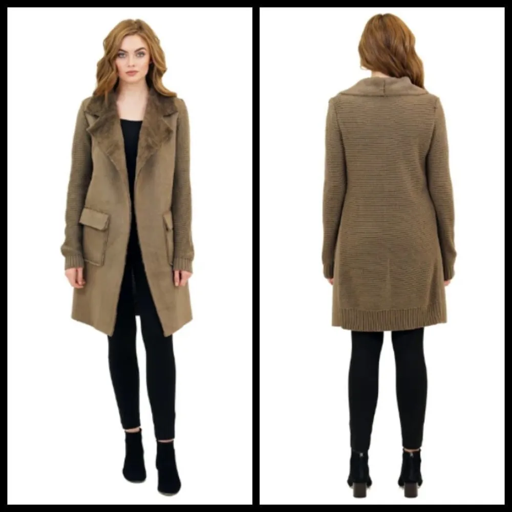 💕LOVE TOKEN💕 Faux Fur Wide Collar Knit Trench Jacket Coat ~ Taupe Brown - Image 8