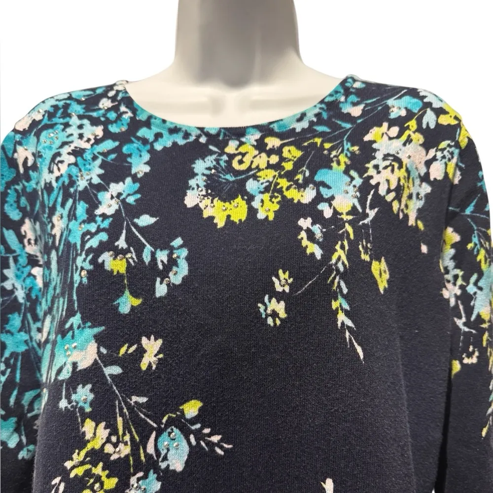 Alfred Dunner PL Floral 3/4 Sleeve Top Navy Cotton Knit Rhinestone Sparkle - Image 2