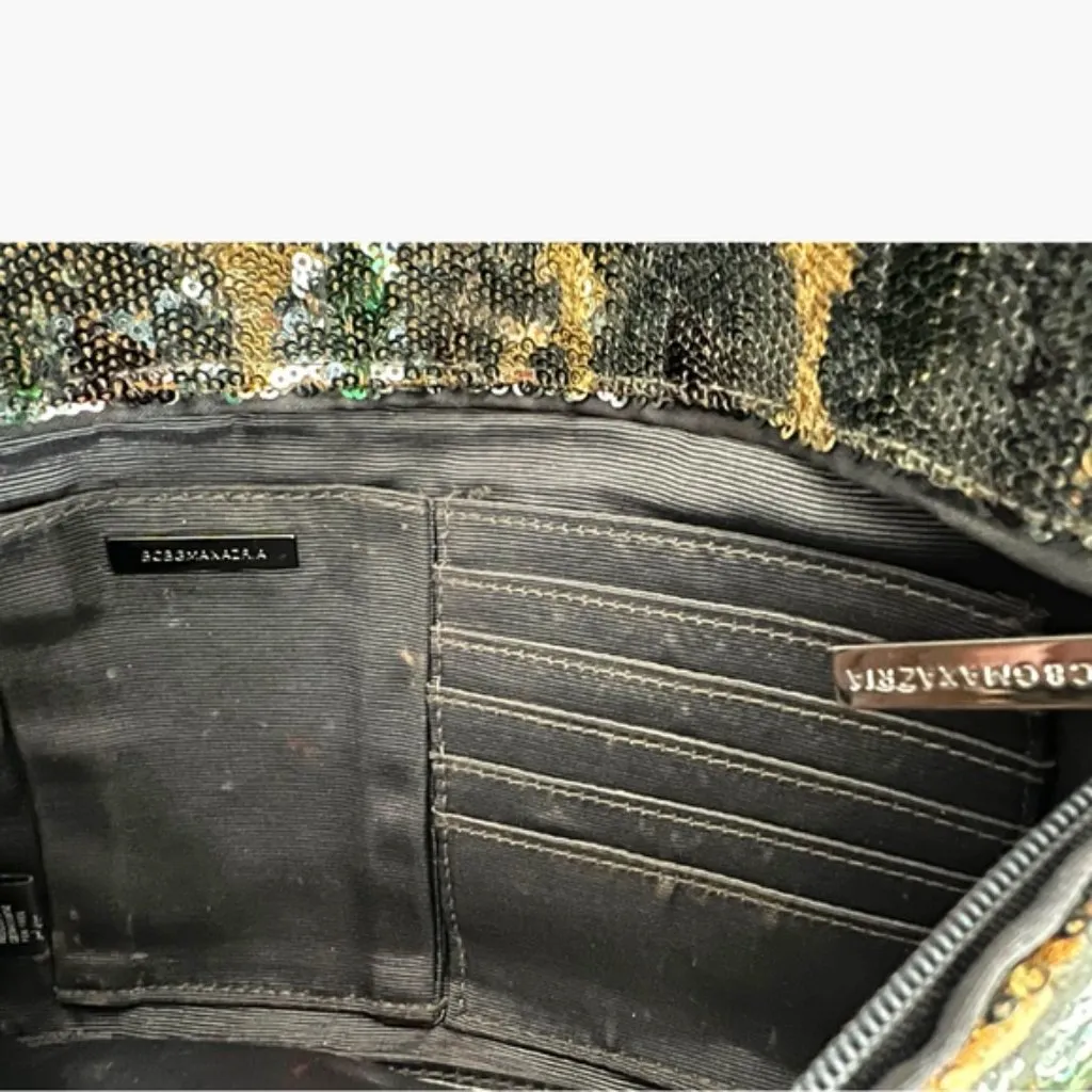 BCBGMAXAZRIA Sequin Camo Foldover Clutch Wallet Green Gold Brown Black Large NYE - Image 9