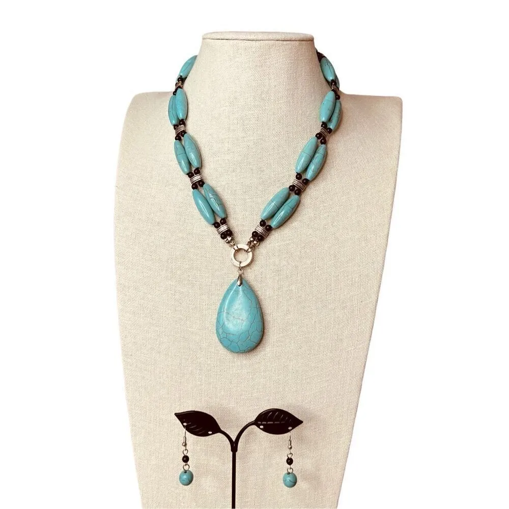 Apache Style Imitation Turquoise Pendant Necklace Matching Earrings‎ Blue - Image 2