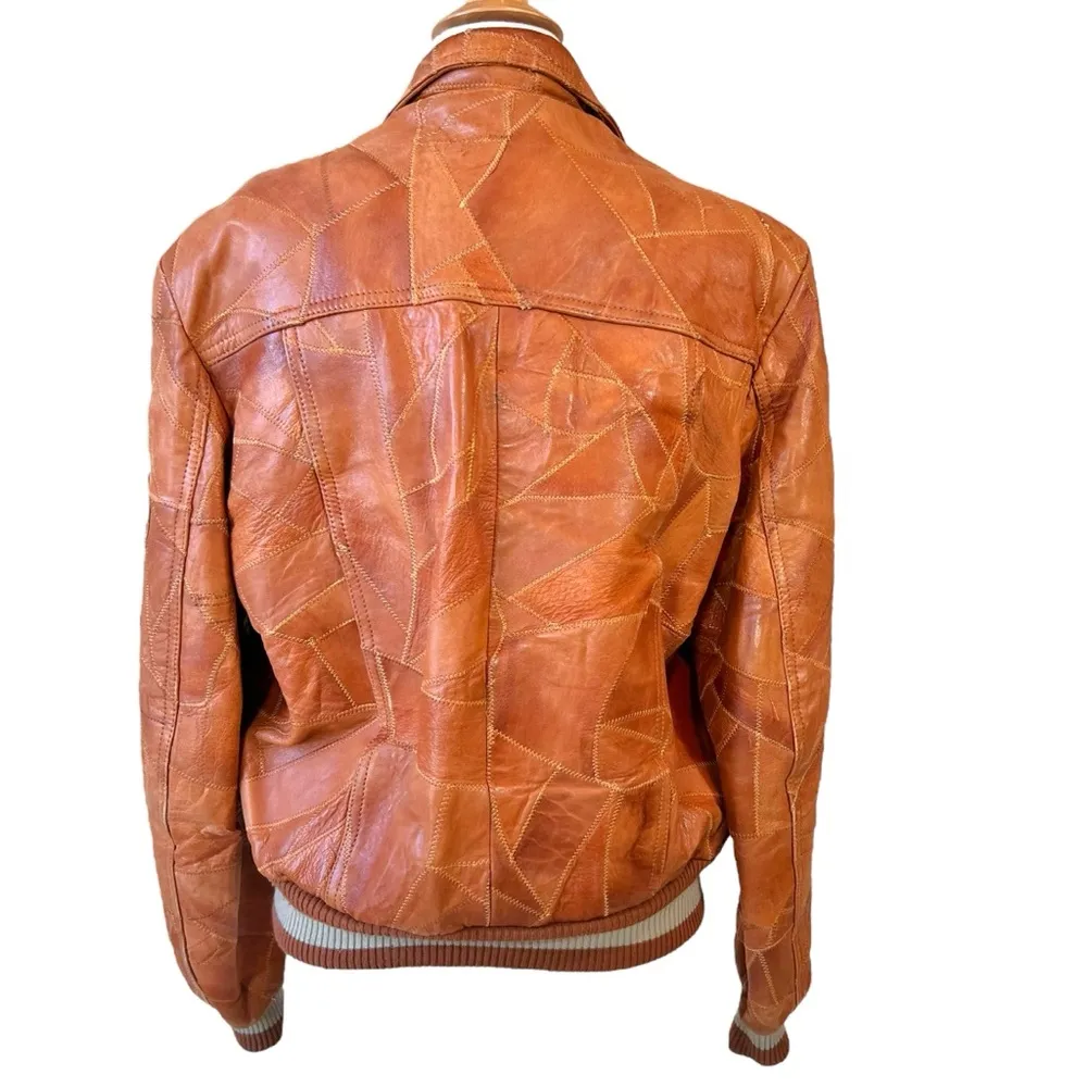 Vintage Casablanca Patchwork Zig Zag Stitch Leather Bomber Jacket Brown Size 42 - Image 16