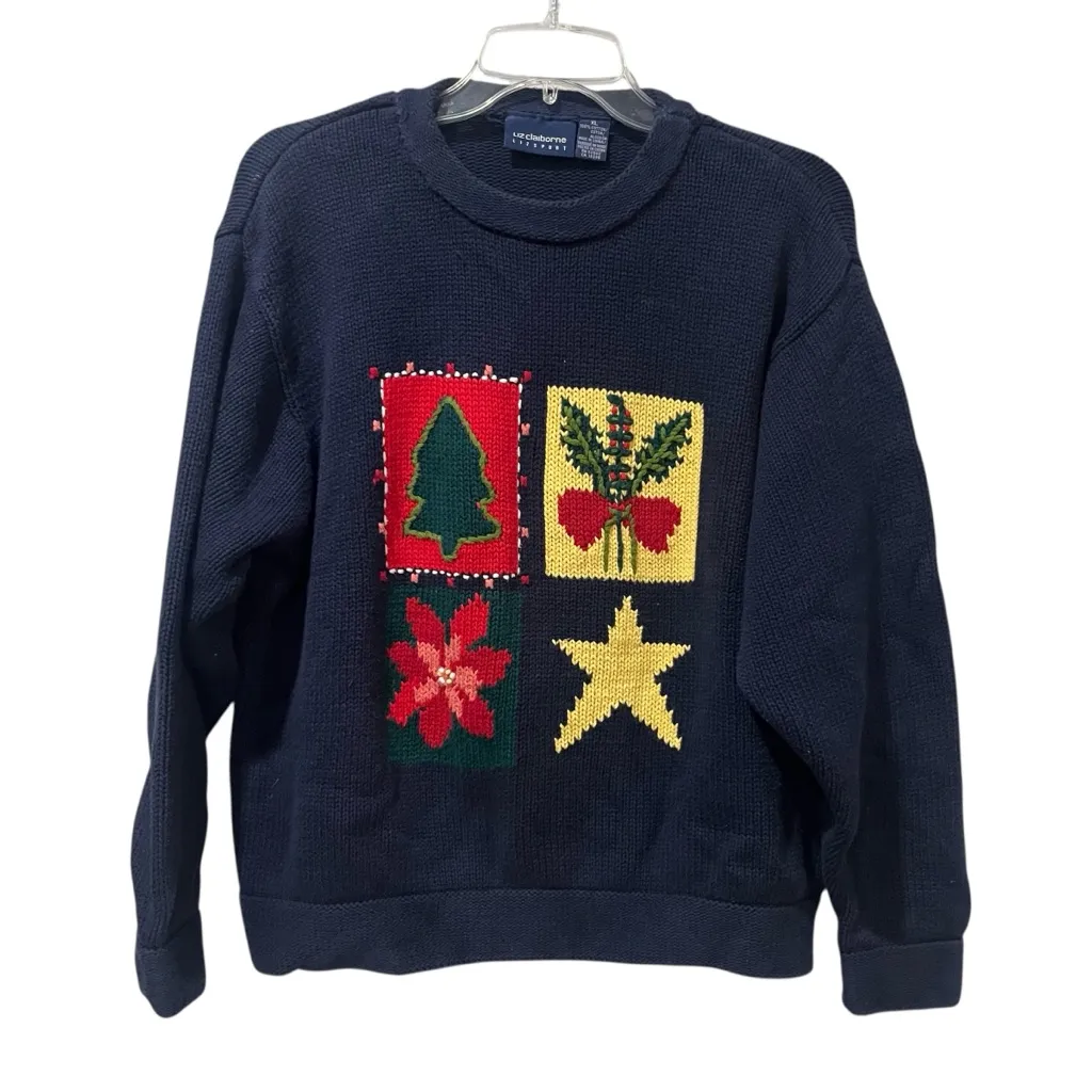 LIZ CLAIBORNE Navy Christmas Motif Pullover XL Cotton Star Flower Tree Sweater - Image 2