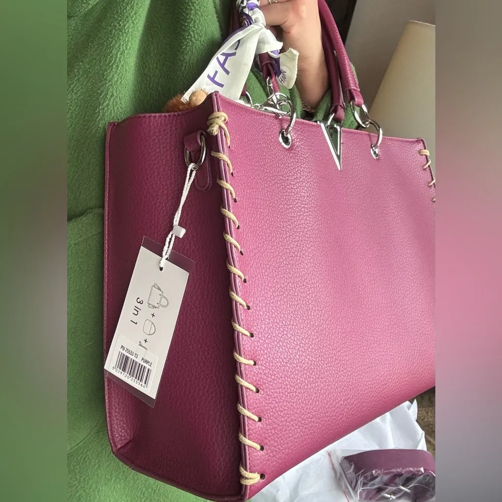 Beautiful! Fashion burgundy LG Vegan leather zip Tote/Crossbody Bag with Wallet Purple - Image 7