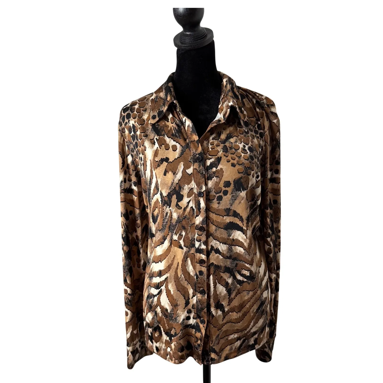 Melanie Lyne Animal Mixed Print Statement Piece Button Blouse Size 14 Maximalist Brown - Image 3
