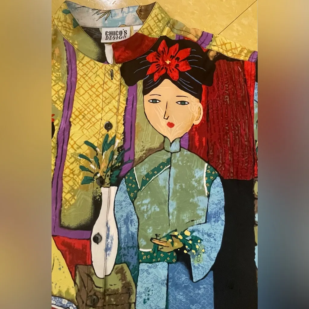 Chicos Design Asian Geisha 100% Silk Blouse Button Up, 3/4 Length Sleeves; 1 - Image 2