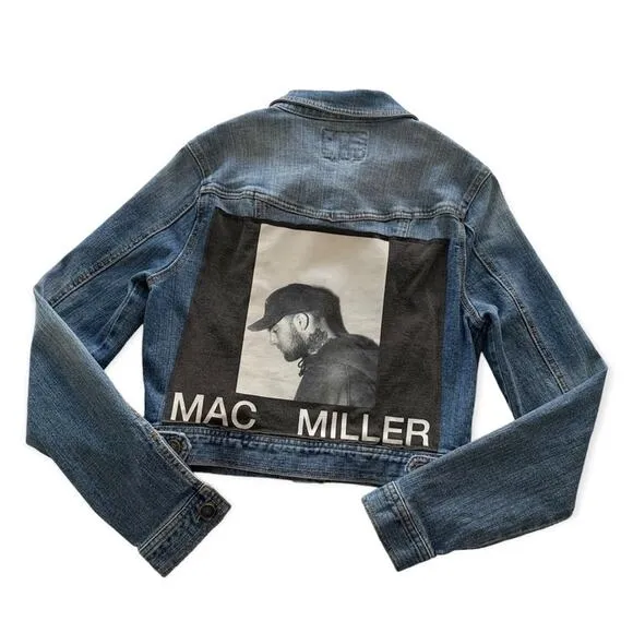 Via Penny Lane Reworked Apparel | Mac Miller Custom Graphic Denim Jacket Small Blue - Image 2