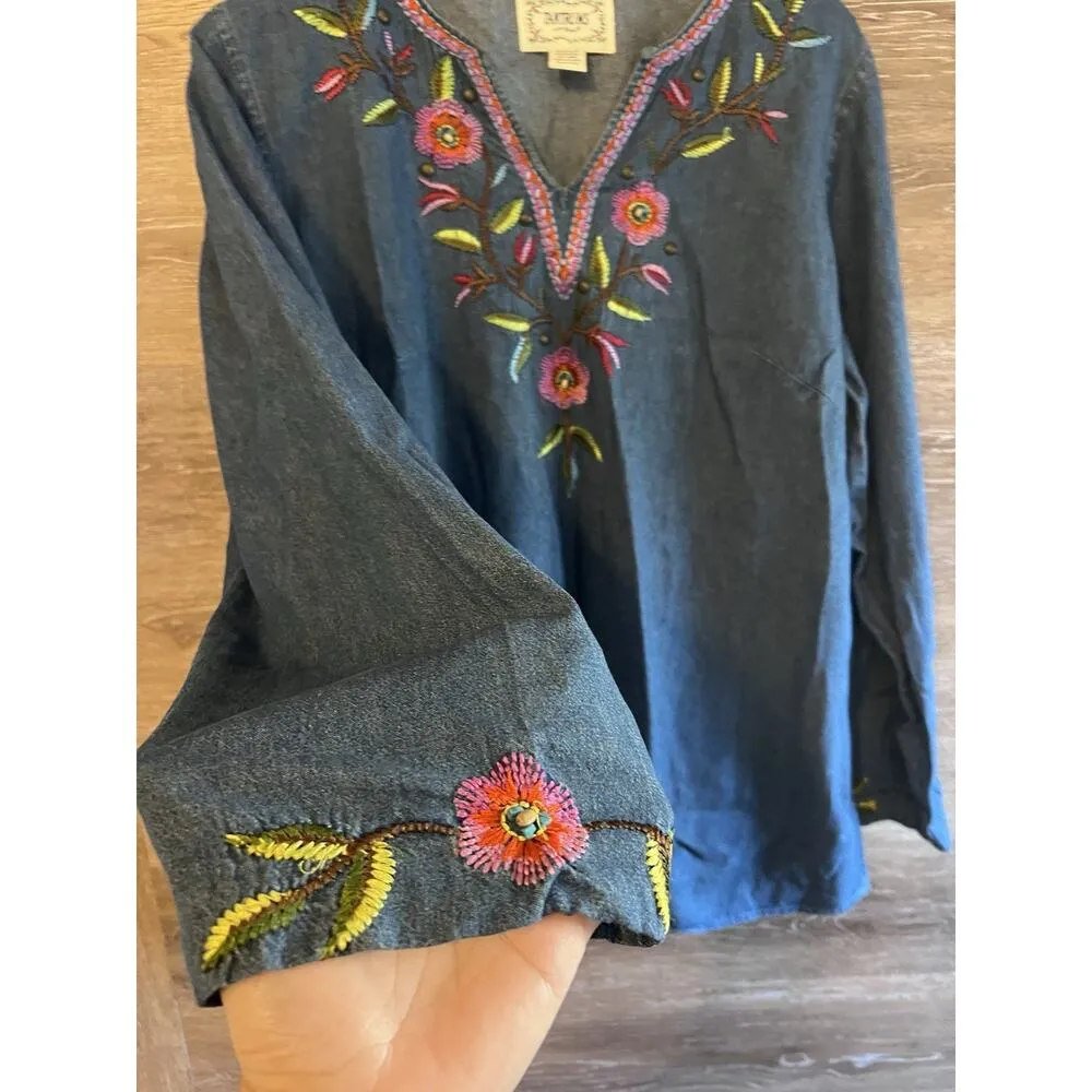 Tantrums Denim V Neck Embroidered Studs Vintage Blue Sz 1X Plus Floral Size L - Image 6