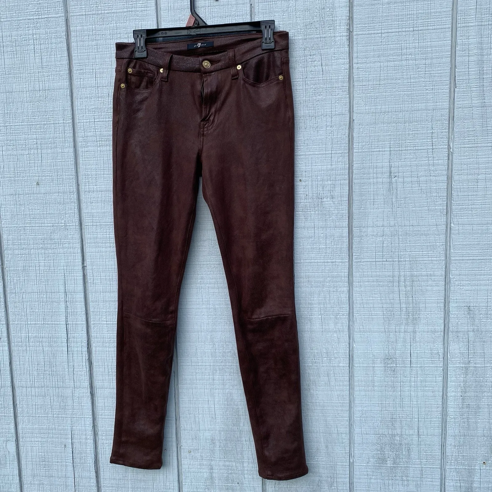 7 For All Mankind Crackled Faux Leather Brown Pants Skinny Size 27 Stretchy Soft - Image 2