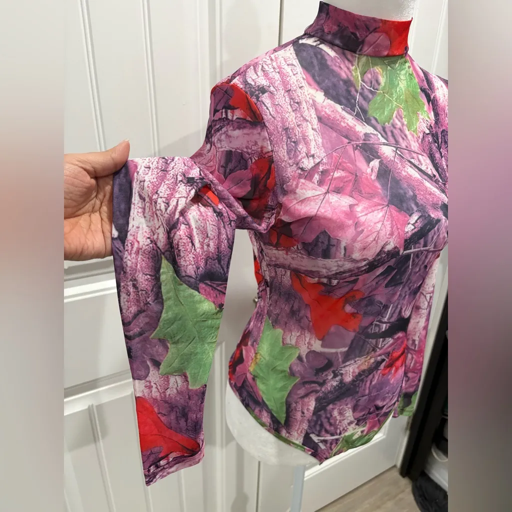 Women's Pink Camouflage Long Sleeve Mesh Bodysuit Size M Red Size M - Image 4