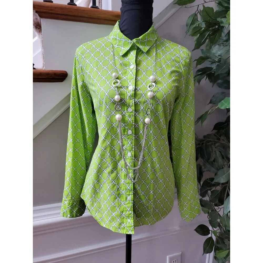 Crown & Ivy Women Green Cotton Long Sleeve Collared Button Down Shirt Size Small - Image 9