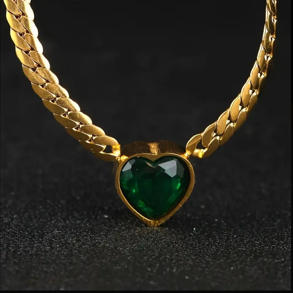 18K Gold Plated emerald green heart necklace snake stainless steel women jewelry - Image 2
