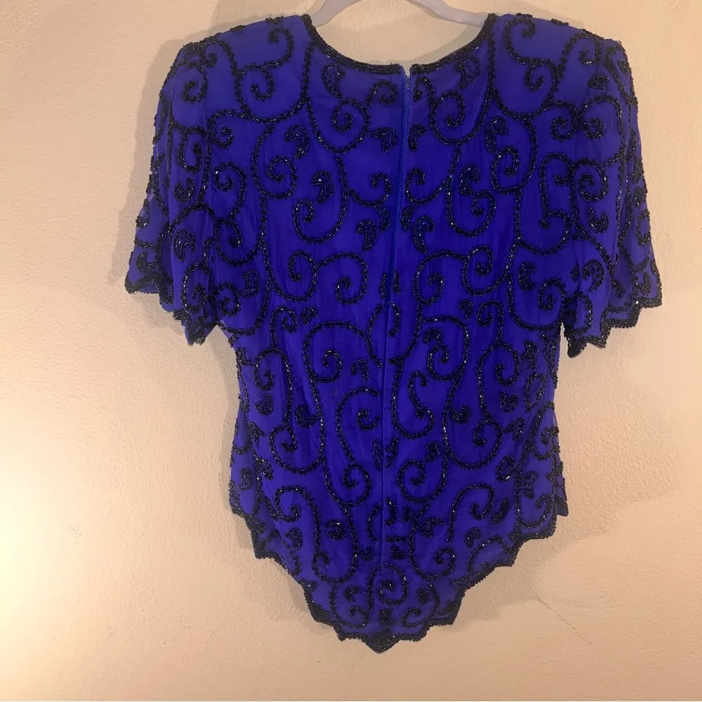 Laurence Kazar Vintage 100% Silk Beaded Top Pointed Hem Blue Black M - Image 8