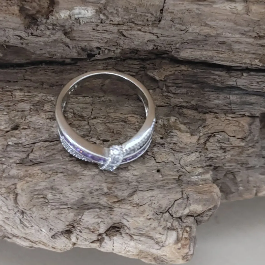 Sterling Silver 925 Ring Quartz Amethyst Bow Knot Crossover Purple Clear Square - Image 9