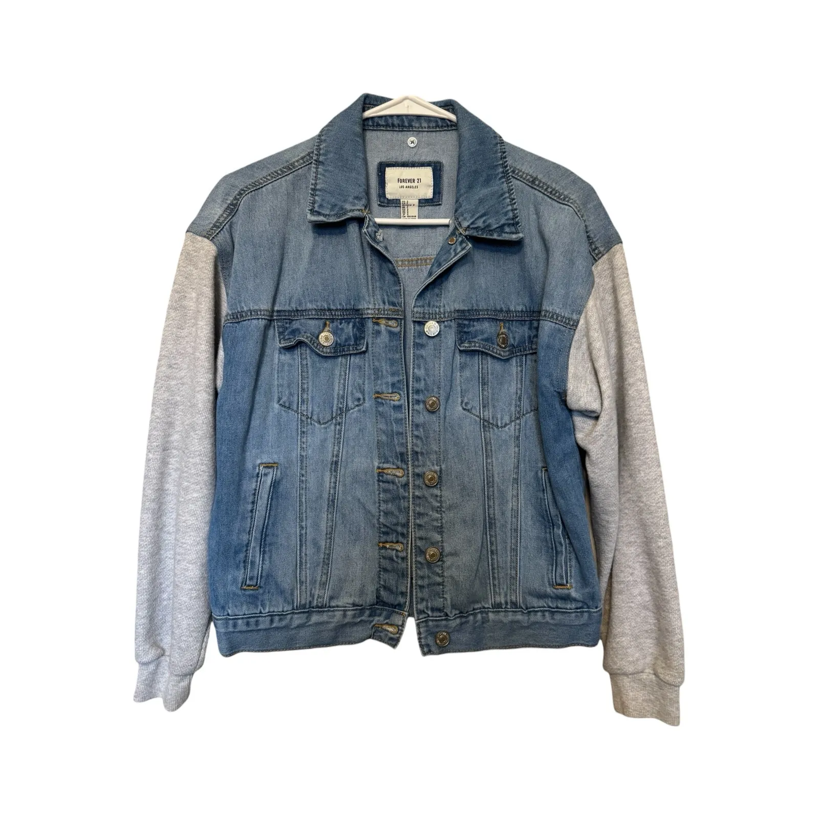 Forever 21 Denim Jacket with Grey Sweatshirt Sleeves Size Small - Image 2