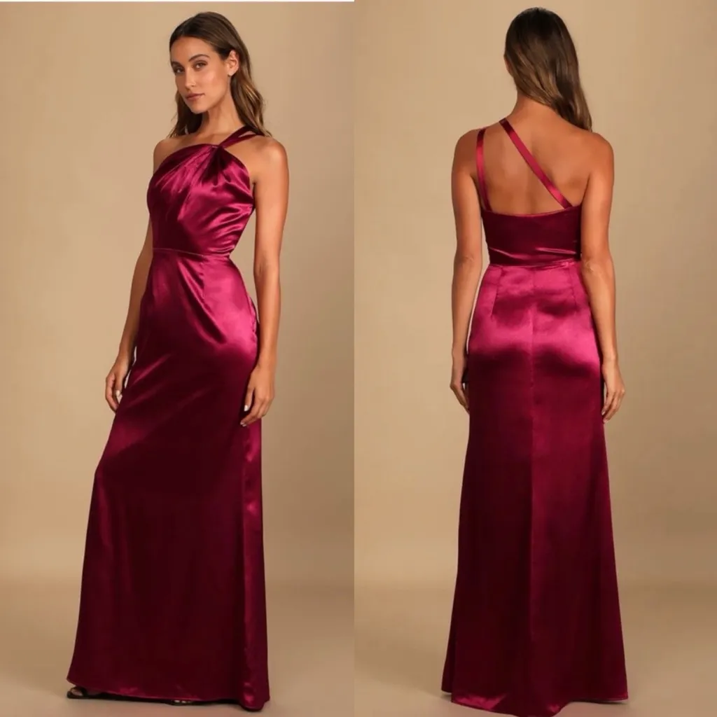 NWT Lulus Devotion to Love Wine Satin One-Shoulder Maxi Dress Size medium - Image 2