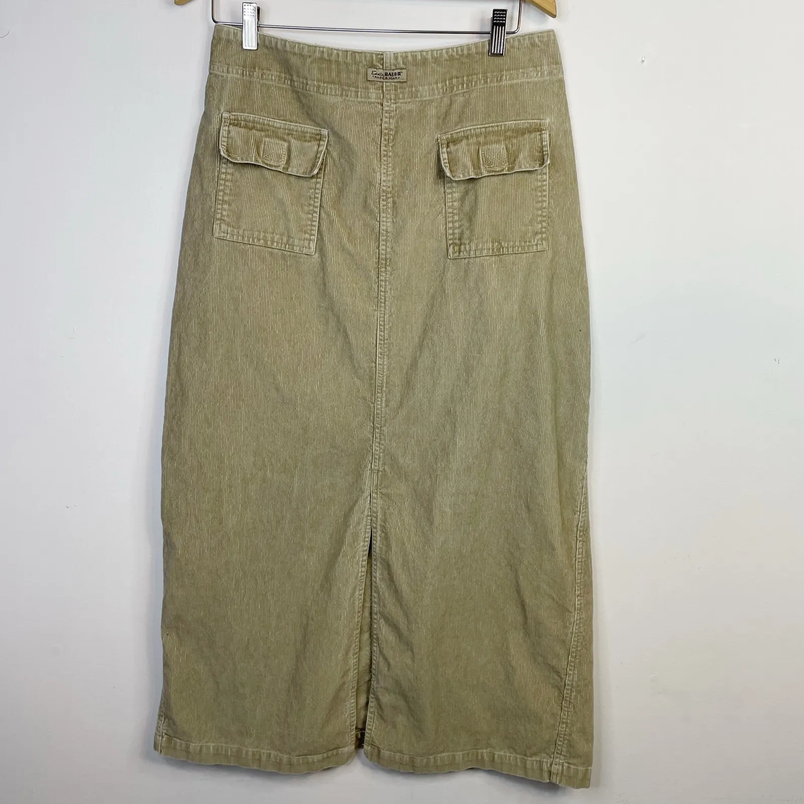 Vintage 90s Y2K Eddie Bauer long maxi Corduroy Cord Utility Skirt Tan womens 12 - Image 4