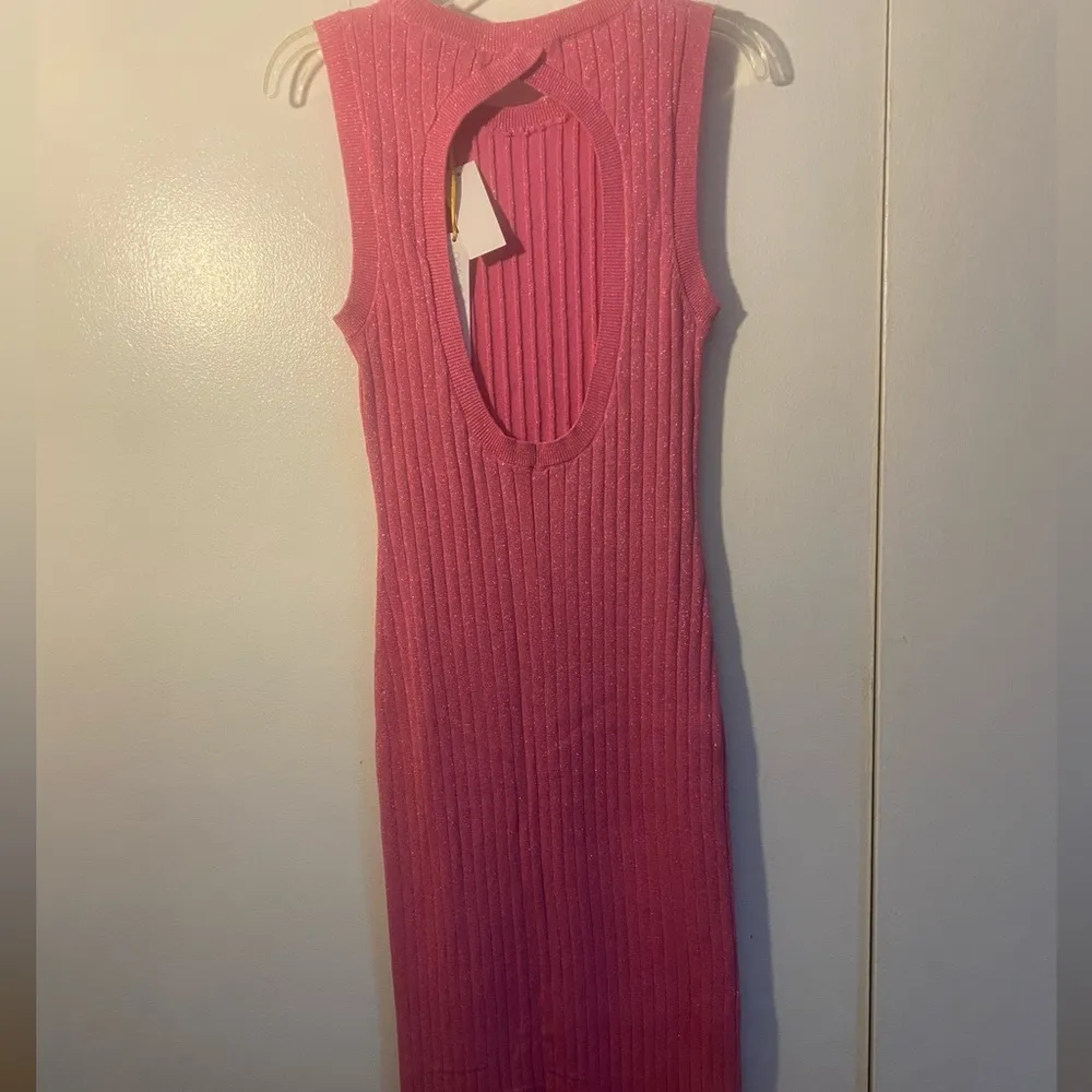 1960 Pink Rib Knit Bodycon Maxi Dress Size M - Image 3