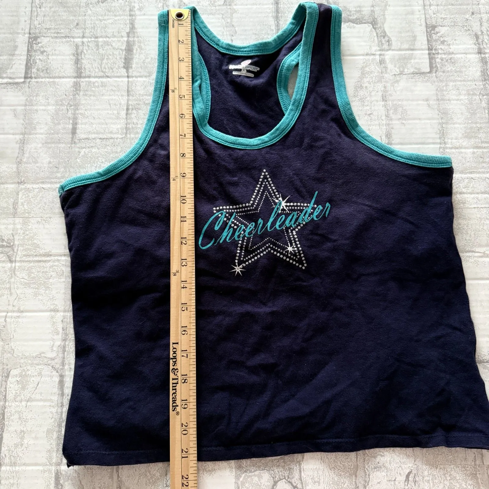 VTG Hanes Sport Navy Teal Star Cheerleader Graphic Retro Sporty Tank Top Sz XL - Image 4
