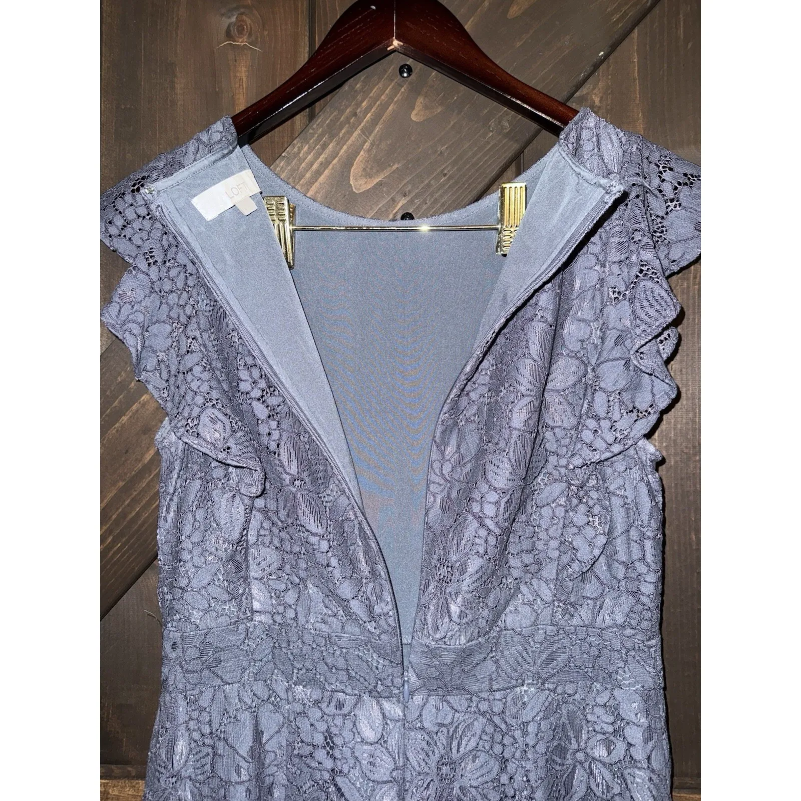 Loft Women's Size 4 Dress Blue Lace Lined Knee Length Ruffle‎ Hem Flutter Sleeve - Image 6